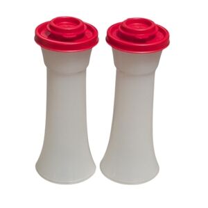Tupperware Hourglass salt and pepper shakers with red seals snap shut lids 6"